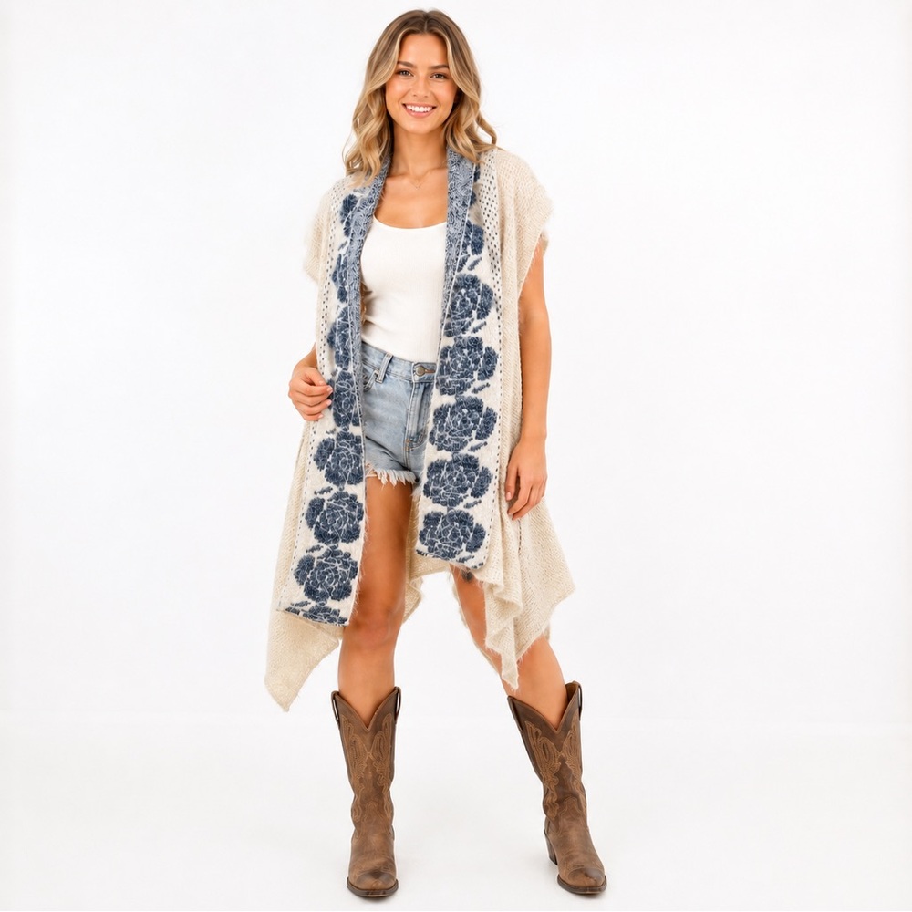 NEW Crochet Western Duster One Size L&B Knit Wool Blend Ultra Soft Open NWT